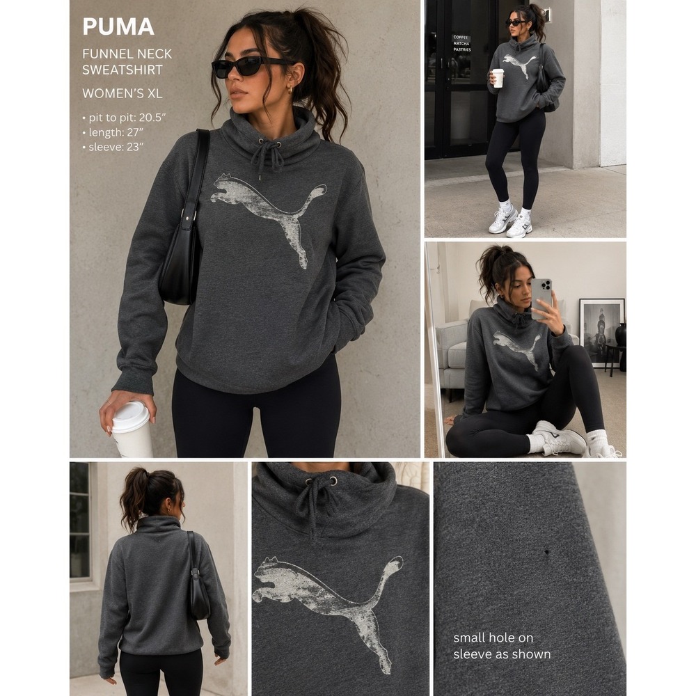 Puma Womens XL Funnel Neck Sweatshirt Charcoal Grey Distressed Logo Pockets
